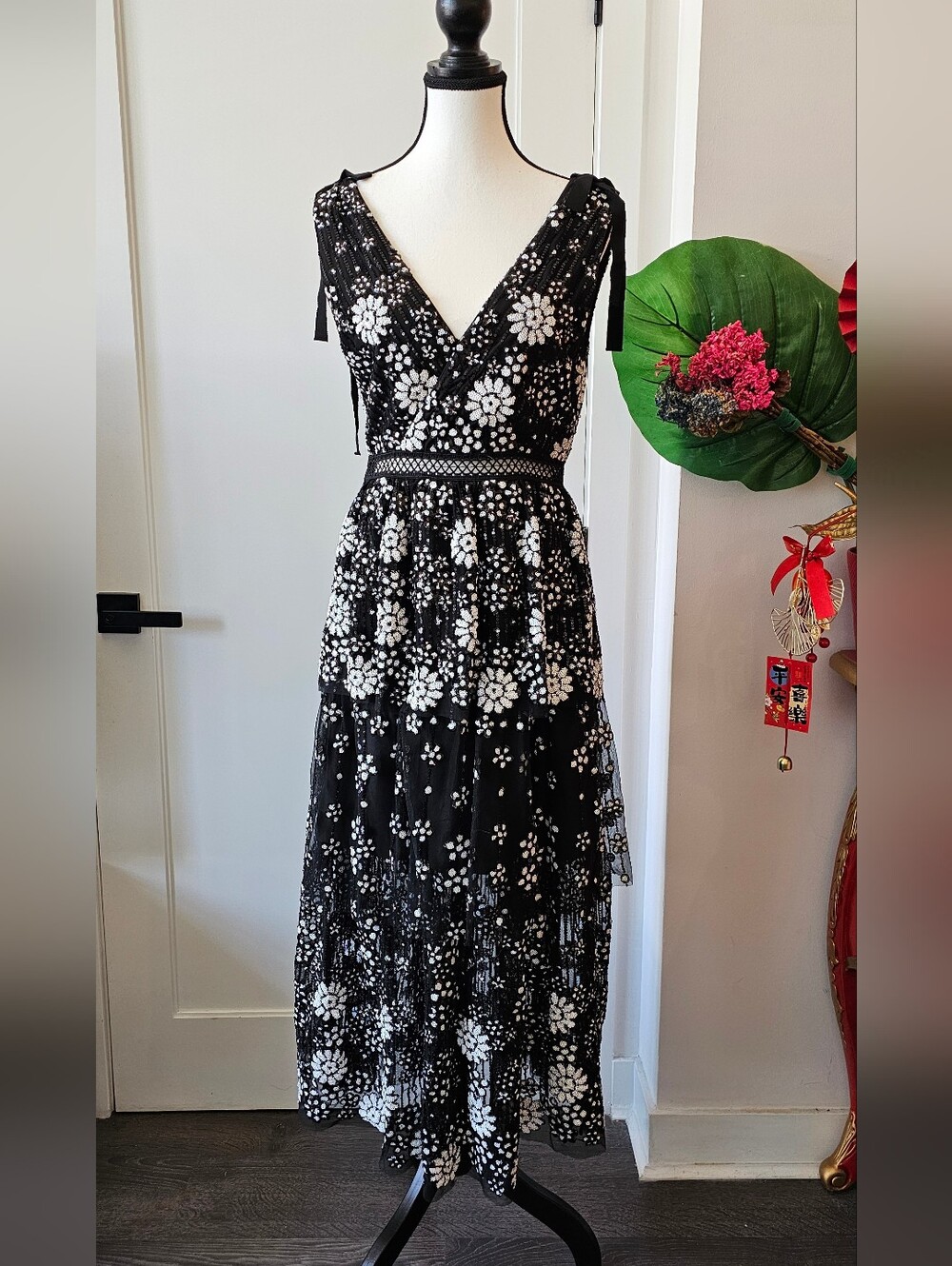 Self-Portrait Black and White Floral Midi Dress
